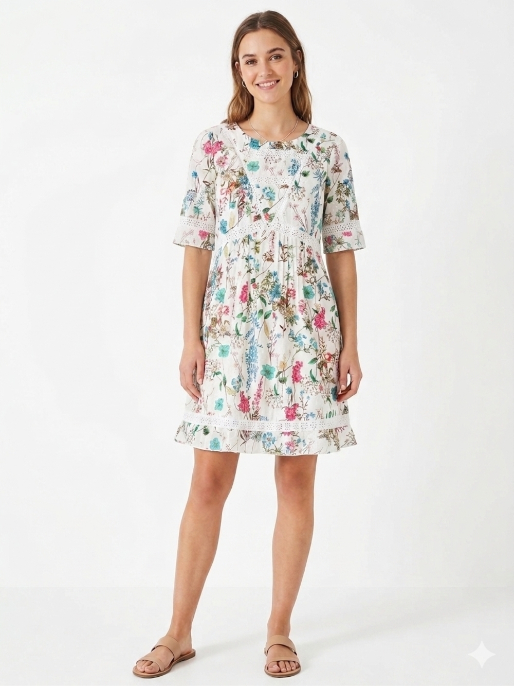100% Cotton Sanctuary White Floral Crochet-Trim Mini Dress